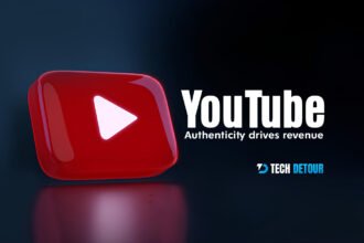 YouTube logo with the text ‘Authenticity drives revenue’ representing new monetization rules and content authenticity focus.