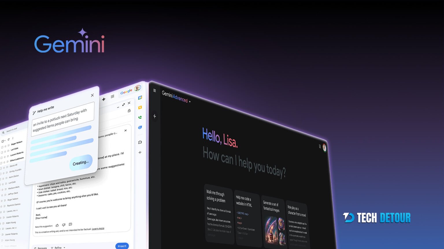 Gemini AI interface showing writing assistance and advanced tools on a dark-themed screen.