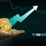 Bitcoin surges again as value rises, illustrated with coins and upward graph.