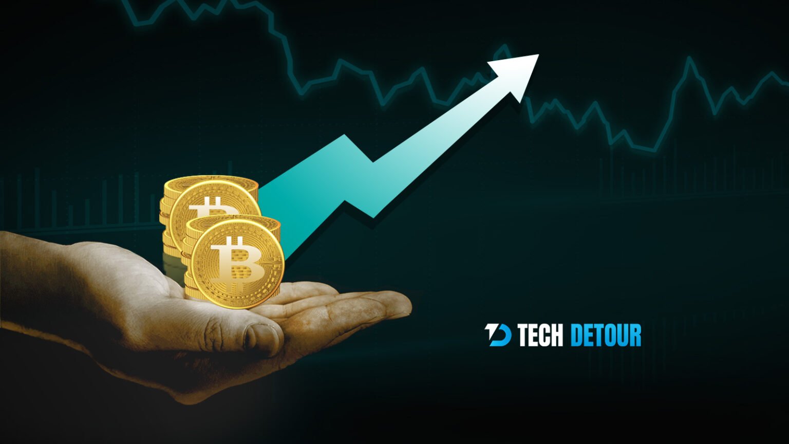 Bitcoin surges again as value rises, illustrated with coins and upward graph.