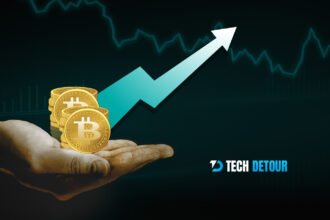 Bitcoin surges again as value rises, illustrated with coins and upward graph.