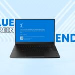 Laptop showing Windows Blue Screen of Death with text "Blue Screen Ends" symbolizing Microsoft's UI change.