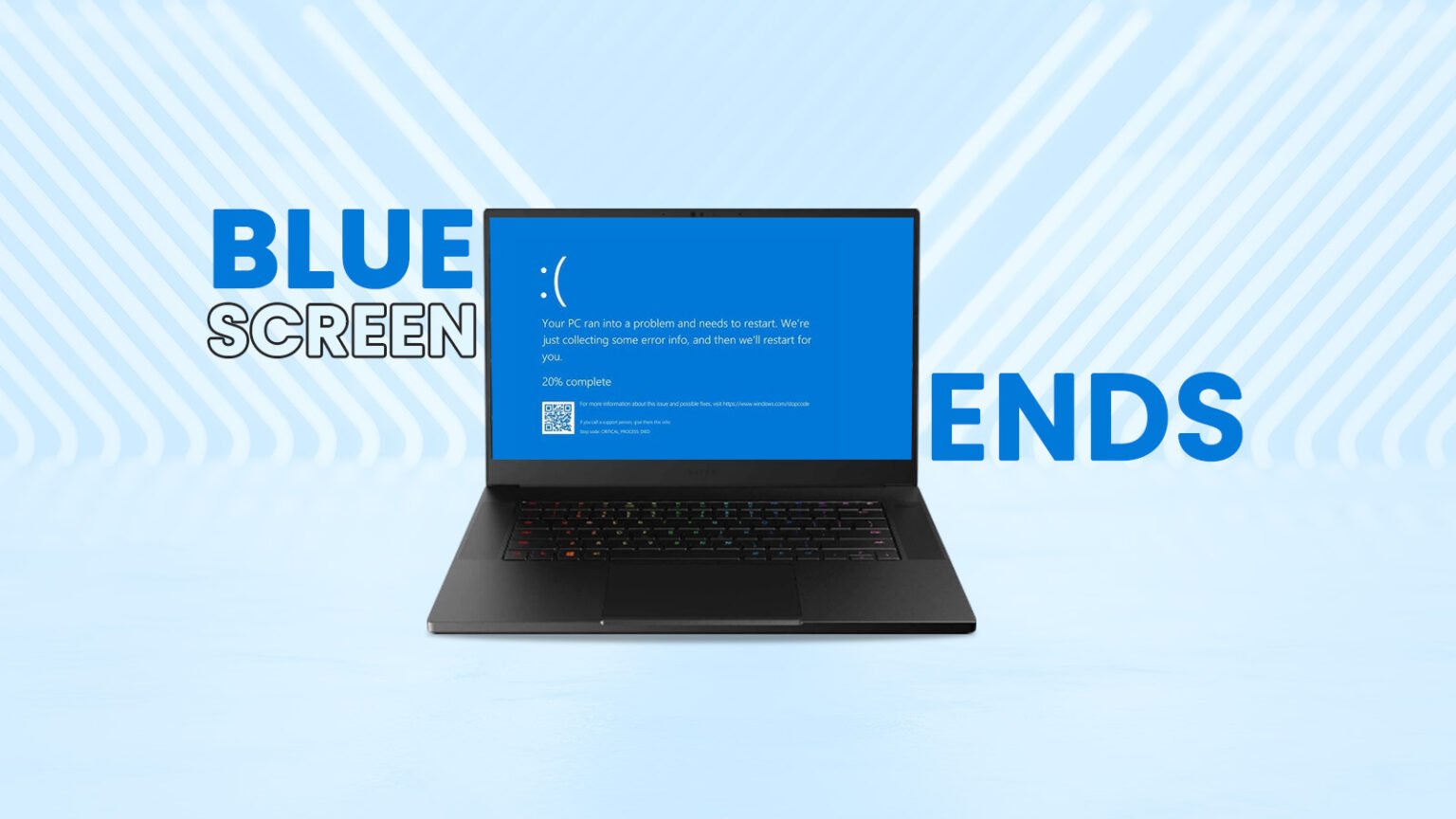 Laptop showing Windows Blue Screen of Death with text "Blue Screen Ends" symbolizing Microsoft's UI change.
