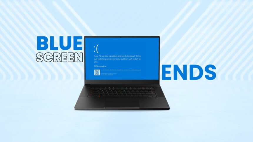 Laptop showing Windows Blue Screen of Death with text "Blue Screen Ends" symbolizing Microsoft's UI change.