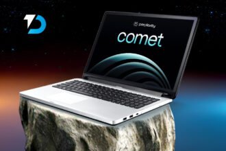 Laptop showing Perplexity Comet browser interface, symbolizing AI-powered smart browsing innovation
