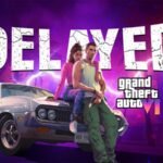 GTA 6 characters Jason and Lucia sitting on a car with a "DELAYED" banner in the background.