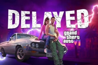GTA 6 characters Jason and Lucia sitting on a car with a "DELAYED" banner in the background.