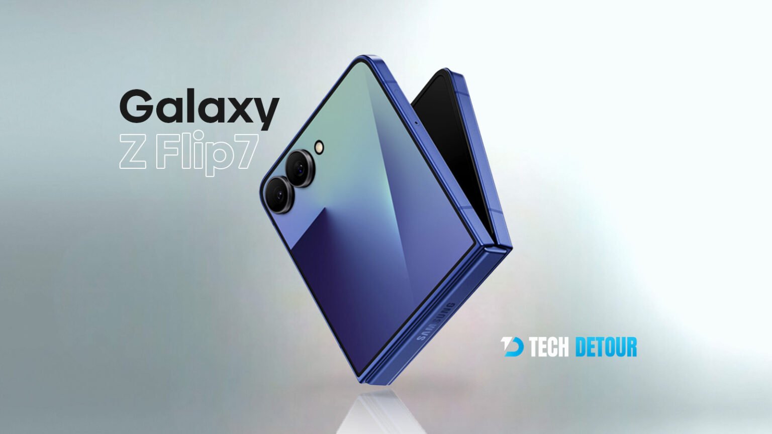 Galaxy Z Flip 7 foldable smartphone in blue color with sleek design and dual rear cameras.