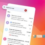 A stylized mobile Gmail inbox interface showing sample emails, over a colorful gradient background with the Tech Detour logo.