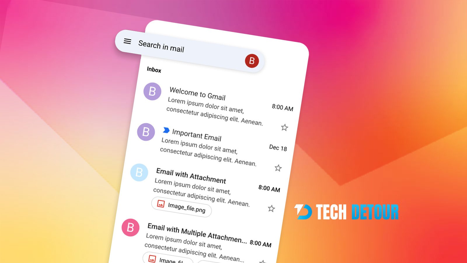 A stylized mobile Gmail inbox interface showing sample emails, over a colorful gradient background with the Tech Detour logo.
