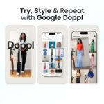 Google Doppl app showing AI-generated outfit try-ons on a digital avatar.