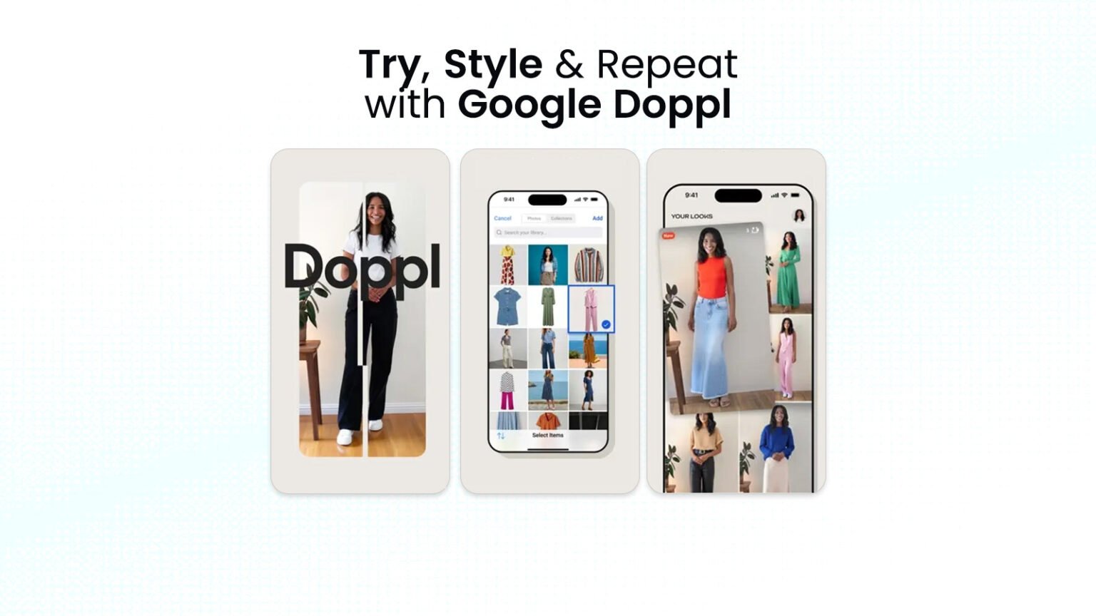 Google Doppl app showing AI-generated outfit try-ons on a digital avatar.