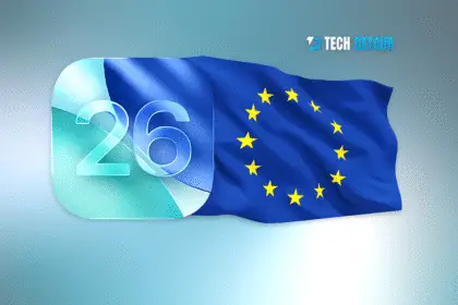 iOS 26 logo with EU flag representing feature delays in Europe due to Digital Markets Act