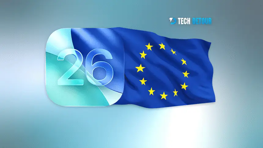iOS 26 logo with EU flag representing feature delays in Europe due to Digital Markets Act