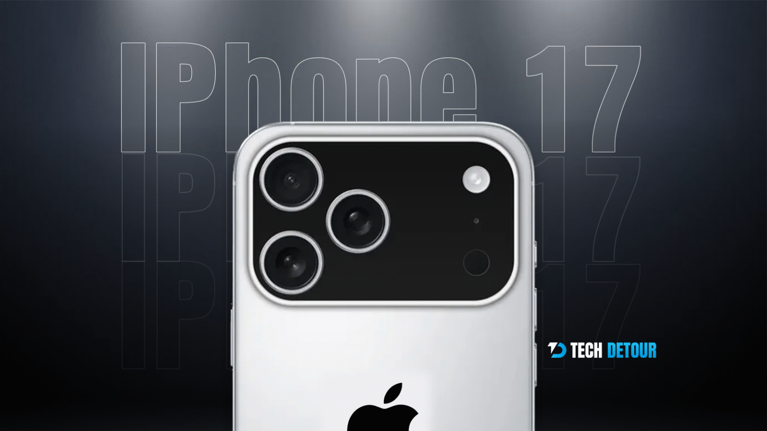 iPhone 17 Pro triple camera close-up with dark background and Tech Detour logo.