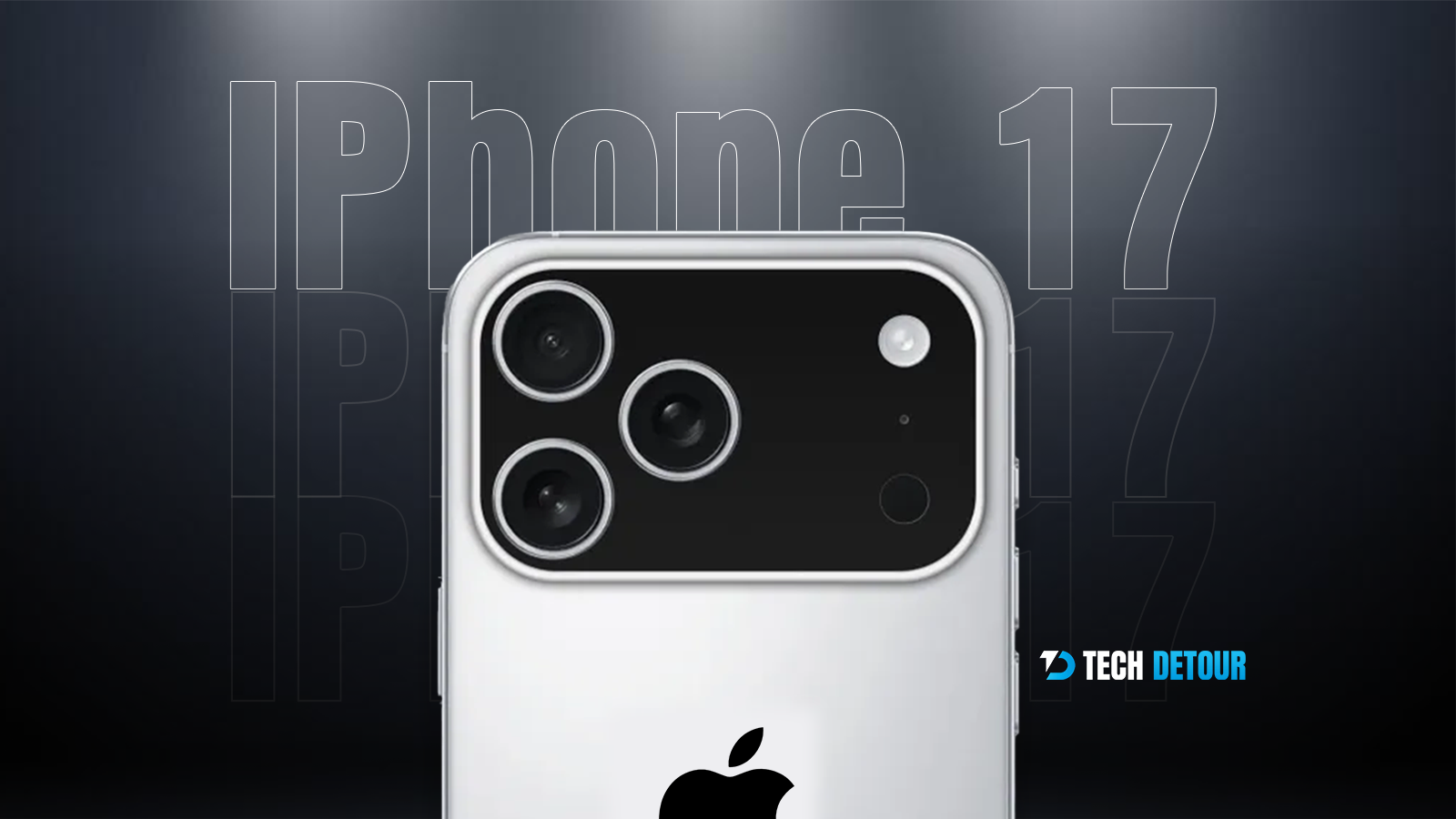 iPhone 17 Pro triple camera close-up with dark background and Tech Detour logo.