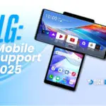 A graphic displaying "LG: Mobile Support 2025" next to an LG Wing smartphone with its unique swiveling dual screen, symbolizing the end of LG's mobile support.