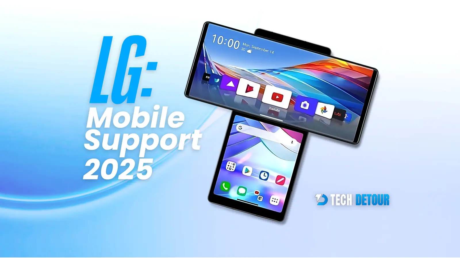 A graphic displaying "LG: Mobile Support 2025" next to an LG Wing smartphone with its unique swiveling dual screen, symbolizing the end of LG's mobile support.