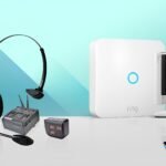 A white Ring security camera and base station on the right, next to a black headset with a microphone and two small grey intercom units on the left.