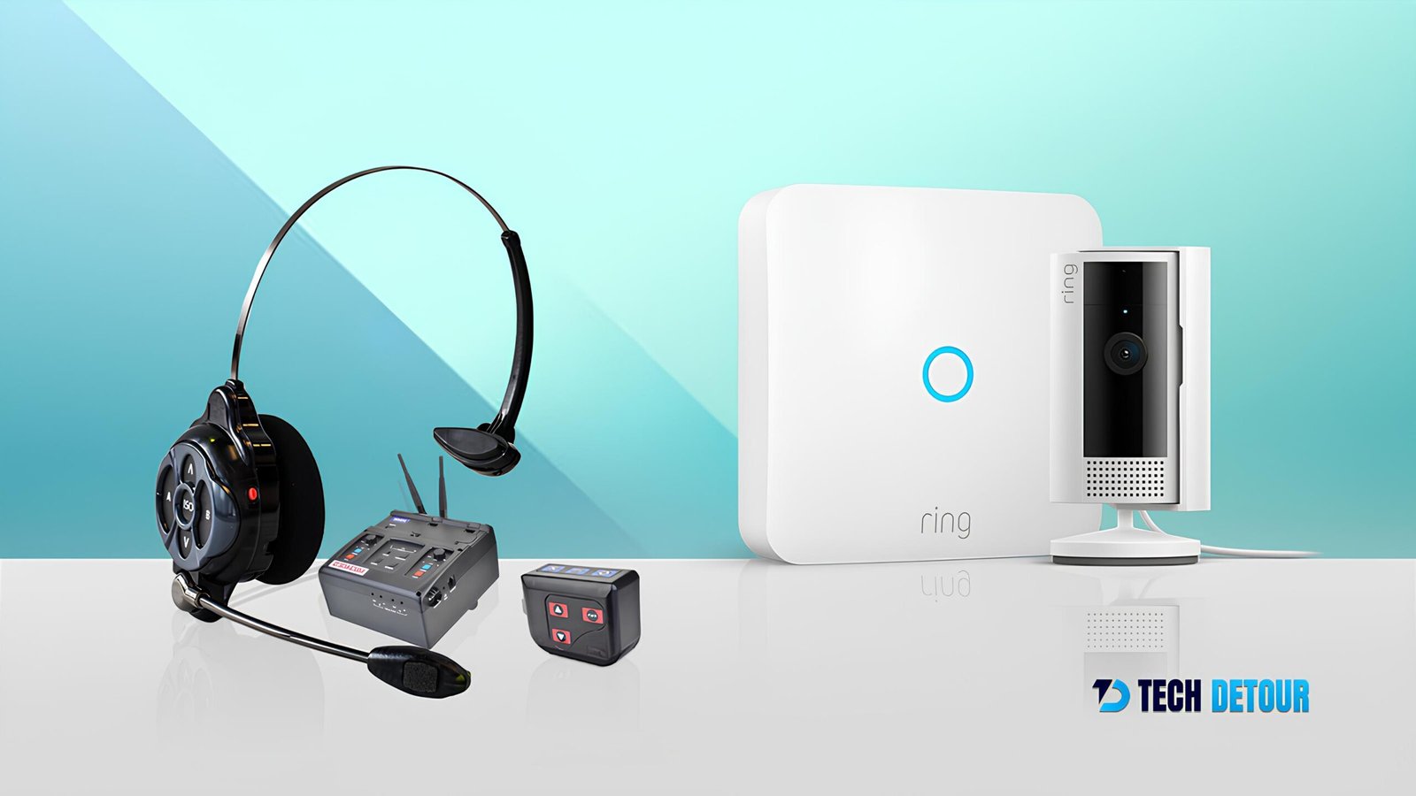 A white Ring security camera and base station on the right, next to a black headset with a microphone and two small grey intercom units on the left.