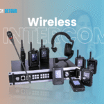A wireless intercom system setup including multiple handheld units, headsets, and a base station, displayed under the Tech Detour logo with a split-tone background of orange and blue.