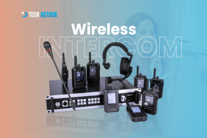 A wireless intercom system setup including multiple handheld units, headsets, and a base station, displayed under the Tech Detour logo with a split-tone background of orange and blue.