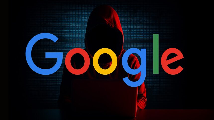 Hacker in hoodie using laptop with Google logo overlay, symbolizing Google data breach 2025 cybersecurity alert.