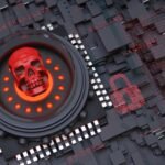 3D illustration of a digital skull symbol glowing in red on a circuit board, representing hacking, vulnerabilities, and massive data leaks 2025 in cybersecurity.