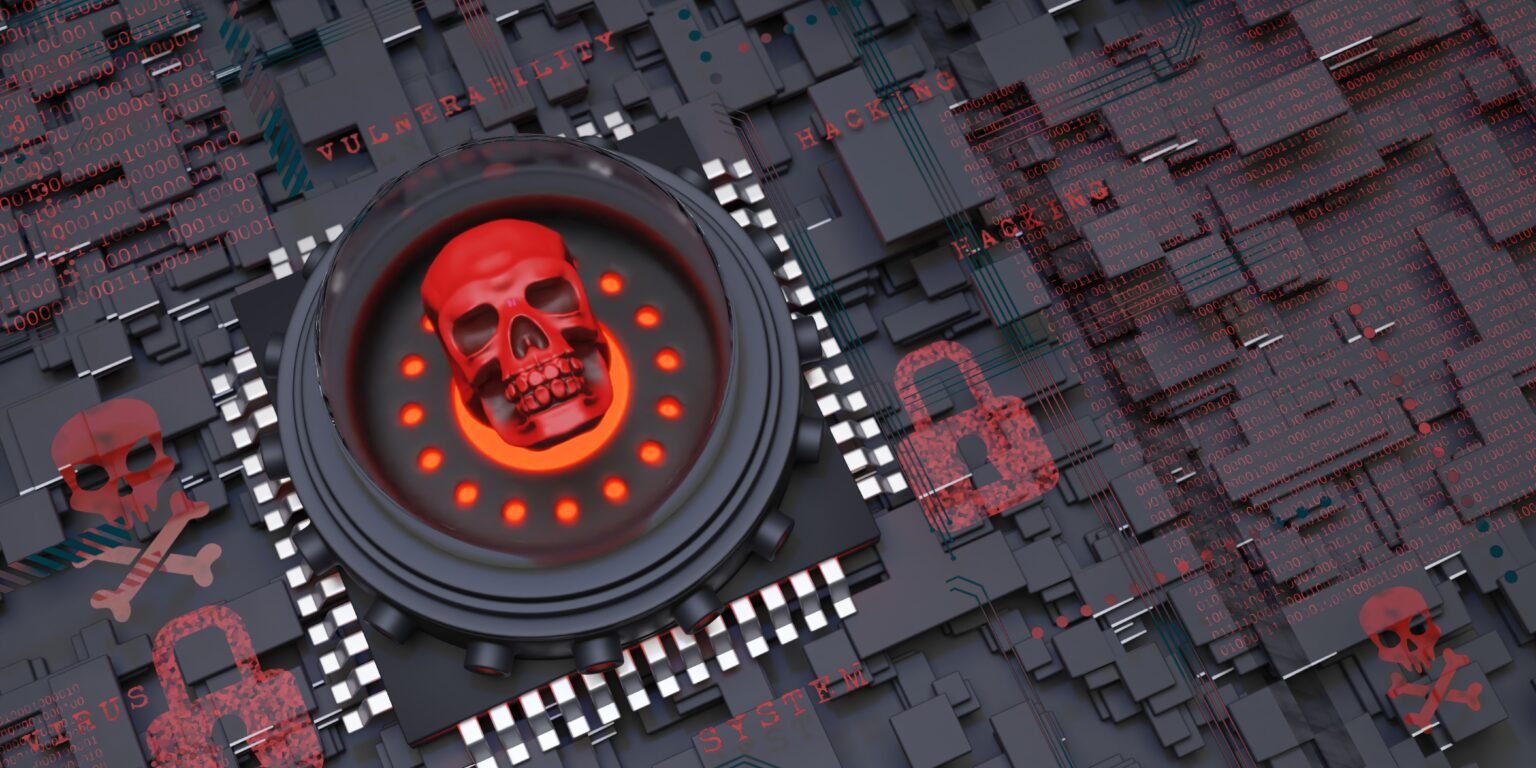 3D illustration of a digital skull symbol glowing in red on a circuit board, representing hacking, vulnerabilities, and massive data leaks 2025 in cybersecurity.