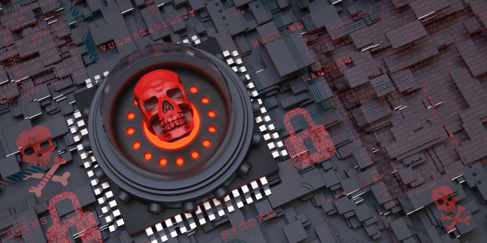 3D illustration of a digital skull symbol glowing in red on a circuit board, representing hacking, vulnerabilities, and massive data leaks 2025 in cybersecurity.