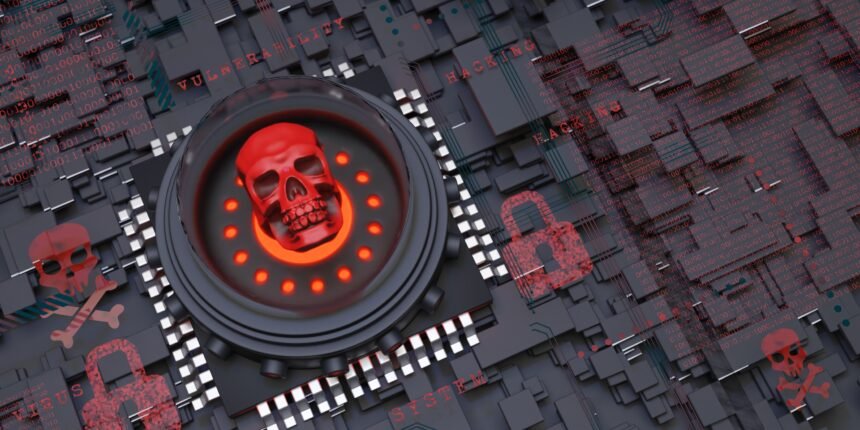 3D illustration of a digital skull symbol glowing in red on a circuit board, representing hacking, vulnerabilities, and massive data leaks 2025 in cybersecurity.