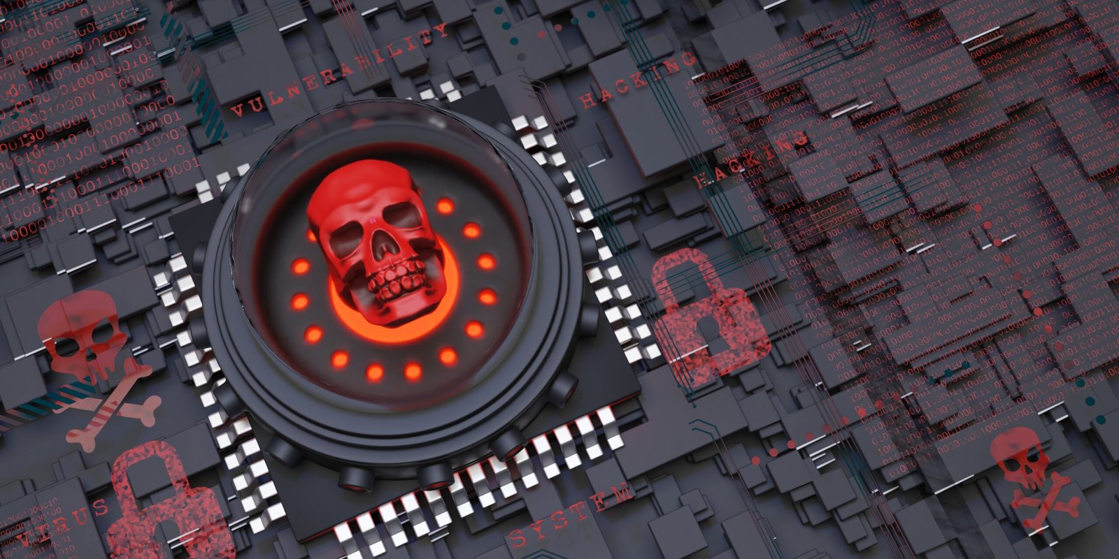 3D illustration of a digital skull symbol glowing in red on a circuit board, representing hacking, vulnerabilities, and massive data leaks 2025 in cybersecurity.