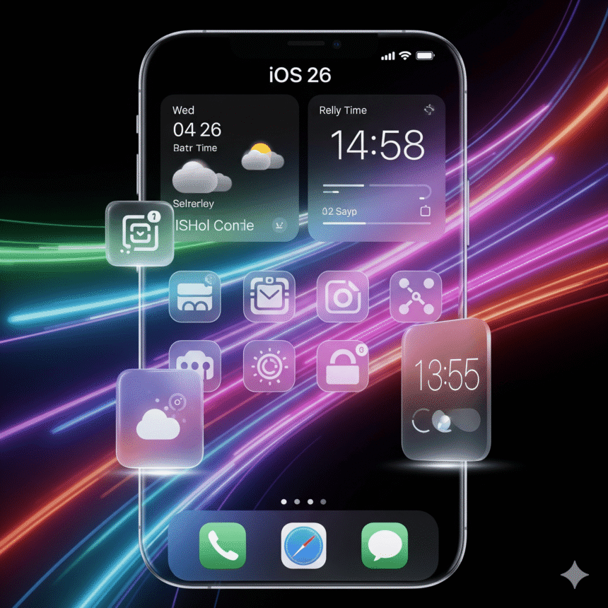 A conceptual image of an iPhone's screen running a futuristic OS called "iOS 26." The interface is translucent and holographic, with app icons and widgets for time and weather that appear to float slightly above a vibrant, multicolored background of swirling light trails. The overall aesthetic is sleek and futuristic.