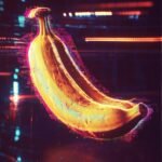 Google Nano Banana AI-powered image editor concept art showing a glowing digital banana with neon glitch effects.