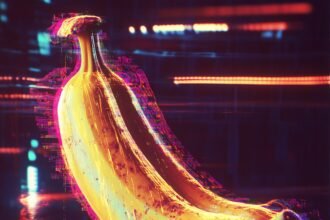 Google Nano Banana AI-powered image editor concept art showing a glowing digital banana with neon glitch effects.