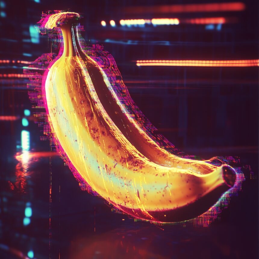 Google Nano Banana AI-powered image editor concept art showing a glowing digital banana with neon glitch effects.