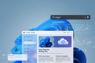 A Windows desktop app interface with a Google search bar hinting at a new competitor to Spotlight.