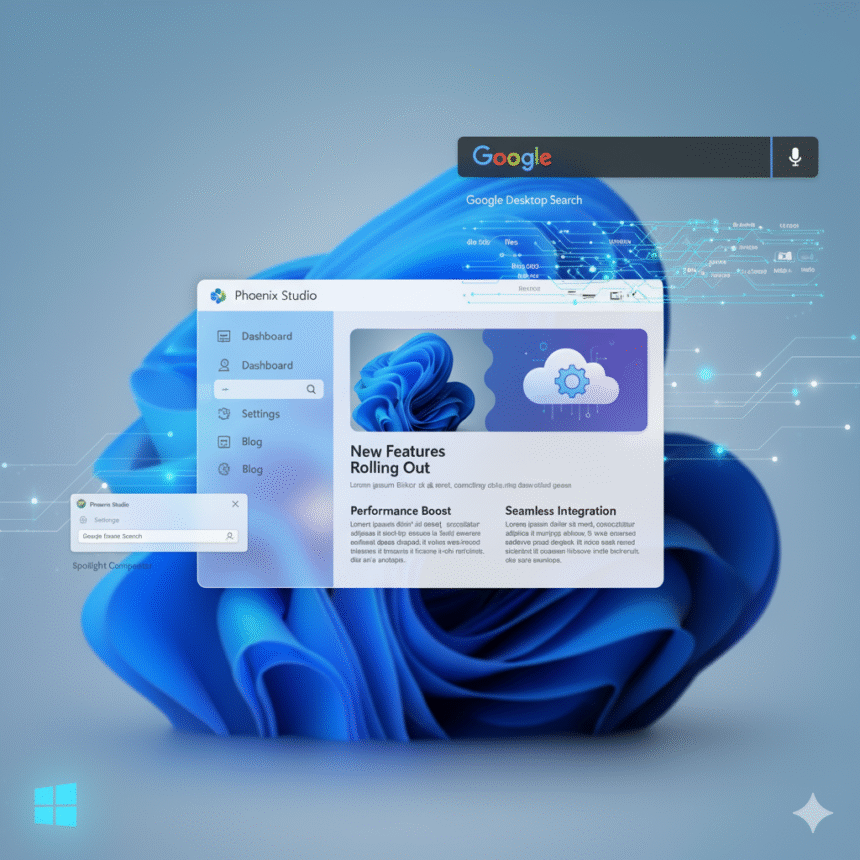 A Windows desktop app interface with a Google search bar hinting at a new competitor to Spotlight.