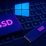 Close-up of a laptop keyboard with glowing SSD drives placed on top and the Windows logo in the background, symbolizing the Windows update SSD issue.