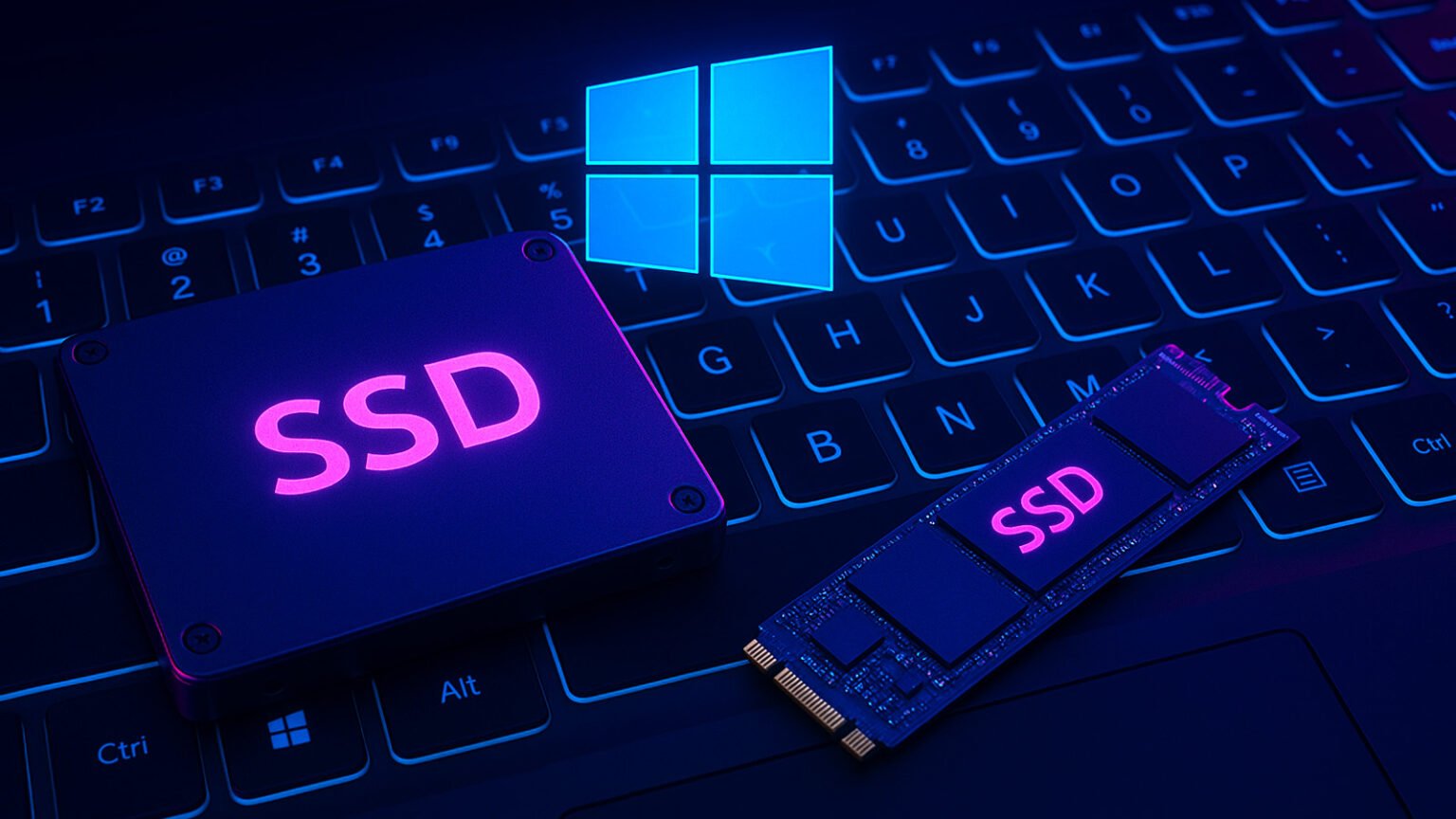 Close-up of a laptop keyboard with glowing SSD drives placed on top and the Windows logo in the background, symbolizing the Windows update SSD issue.