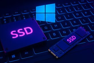 Close-up of a laptop keyboard with glowing SSD drives placed on top and the Windows logo in the background, symbolizing the Windows update SSD issue.