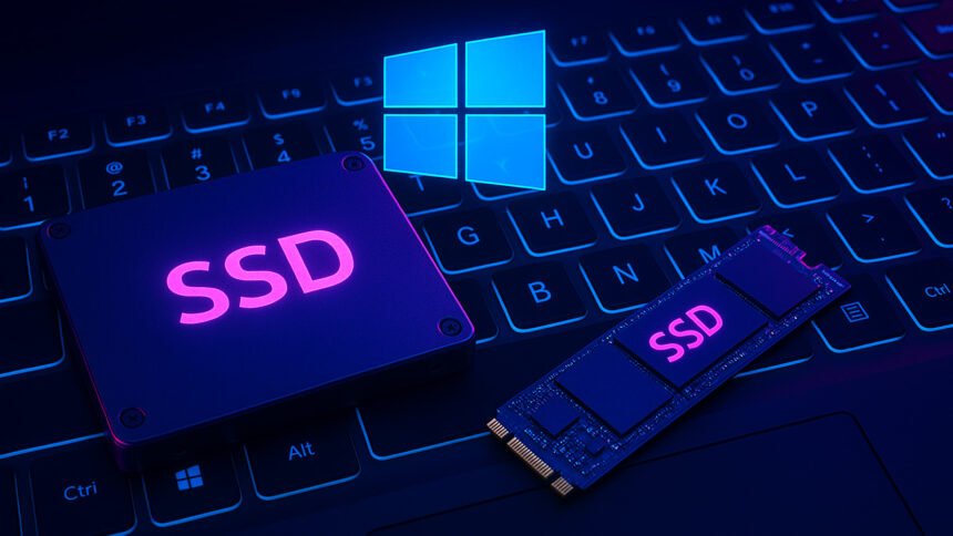 Close-up of a laptop keyboard with glowing SSD drives placed on top and the Windows logo in the background, symbolizing the Windows update SSD issue.