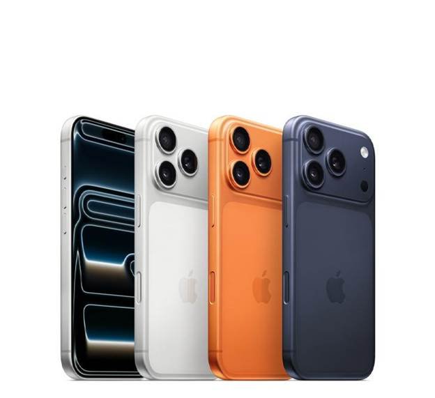 Apple iPhone 17 concept phones are shown in a row. From left to right, the colors are silver, white, orange, and blue. The two phones on the right show a triple-lens rear camera system. The far-left phone is facing forward, revealing a Dynamic Island.